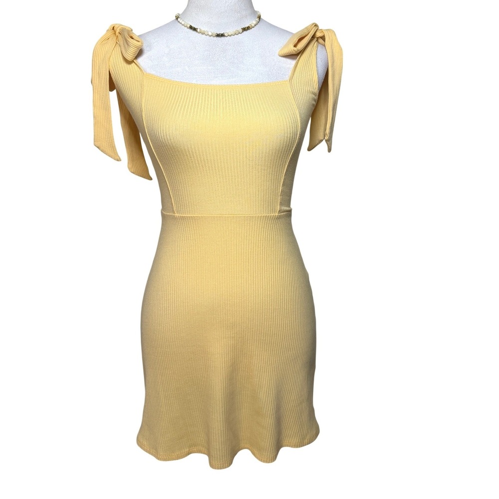Reformation Liz Ribbed Knit Tie Shoulder Mini Dress S Lemon Yellow Bodycon